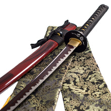 Načíst obrázek do prohlížeče Galerie, TsiaoChih 40” Katana z damaškové oceli červená | Hamon, Mosazná Tsuba Had, Plný Tang (EU sklad)
