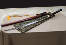 Lade das Bild in den Galerie-Viewer, tsiao chih 40 inches Full Tang Hand Made Japanese Samurai Sword hamon Forged Folded red Damascus Steel sharpened Katana Real Sword,Handgefertigtes japanisches Samurai-Schwert Hamon geschmiedetes gefaltetes rotes Damaskus-Stahl Katana echtes Schwert