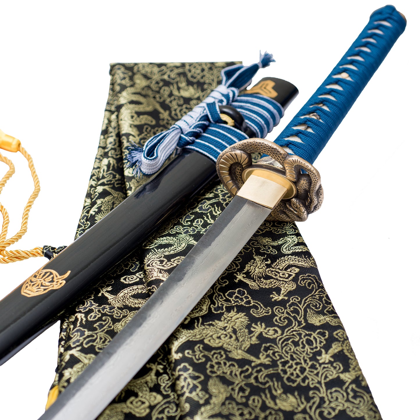 TsiaoChih Damascus Steel Katana | Snake Brass Tsuba, Full Tang, Collector-Grade (EU Stock) - Overall View