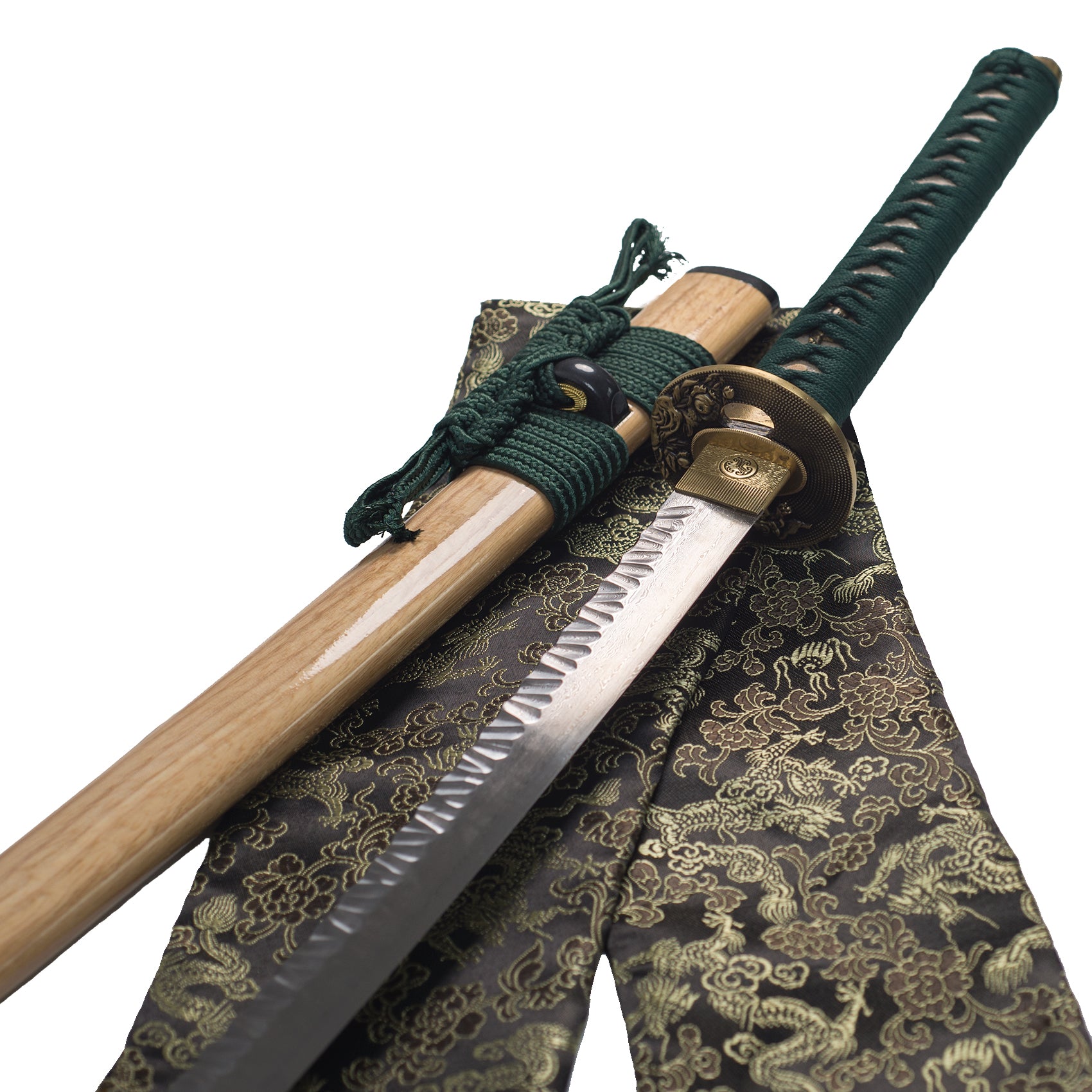 TsiaoChih Hand-Forged Damascus Steel Katana | Hammer Tone, Brass Tsuba, Full Tang (EU Stock) - Overall View
