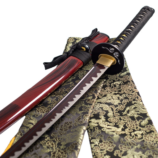 TsiaoChih 40" Red Damascus Katana | Hamon Clay-Tempered, Snake Brass Tsuba, Full Tang (EU Stock) - Overall View