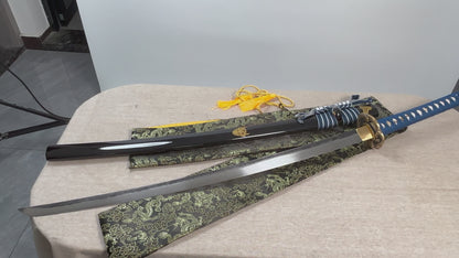 Damast-Katana-Replik | Schlangen-Tsuba aus Messing, Full Tang