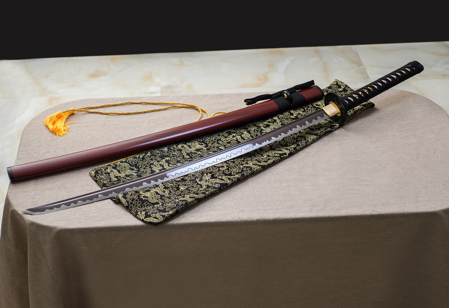 TsiaoChih 40" Red Damascus Katana | Hamon Clay-Tempered, Snake Brass Tsuba, Full Tang (EU Stock) - Full Blade Profile