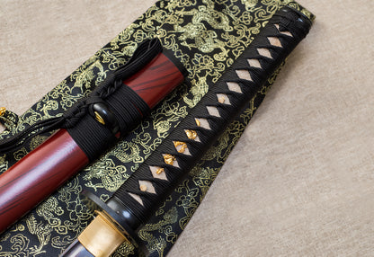 TsiaoChih 40" Red Damascus Katana | Hamon Clay-Tempered, Snake Brass Tsuba, Full Tang (EU Stock) - Tsuba (Hand Guard)