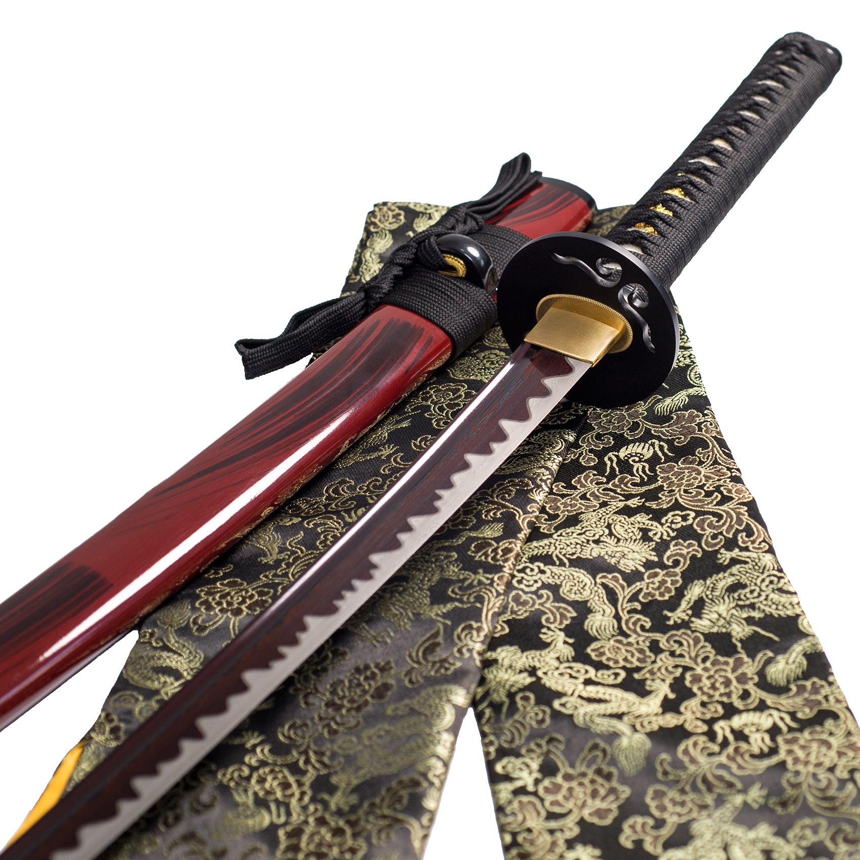Handmade TsiaoChih katana with scabbard and brocade storage bag